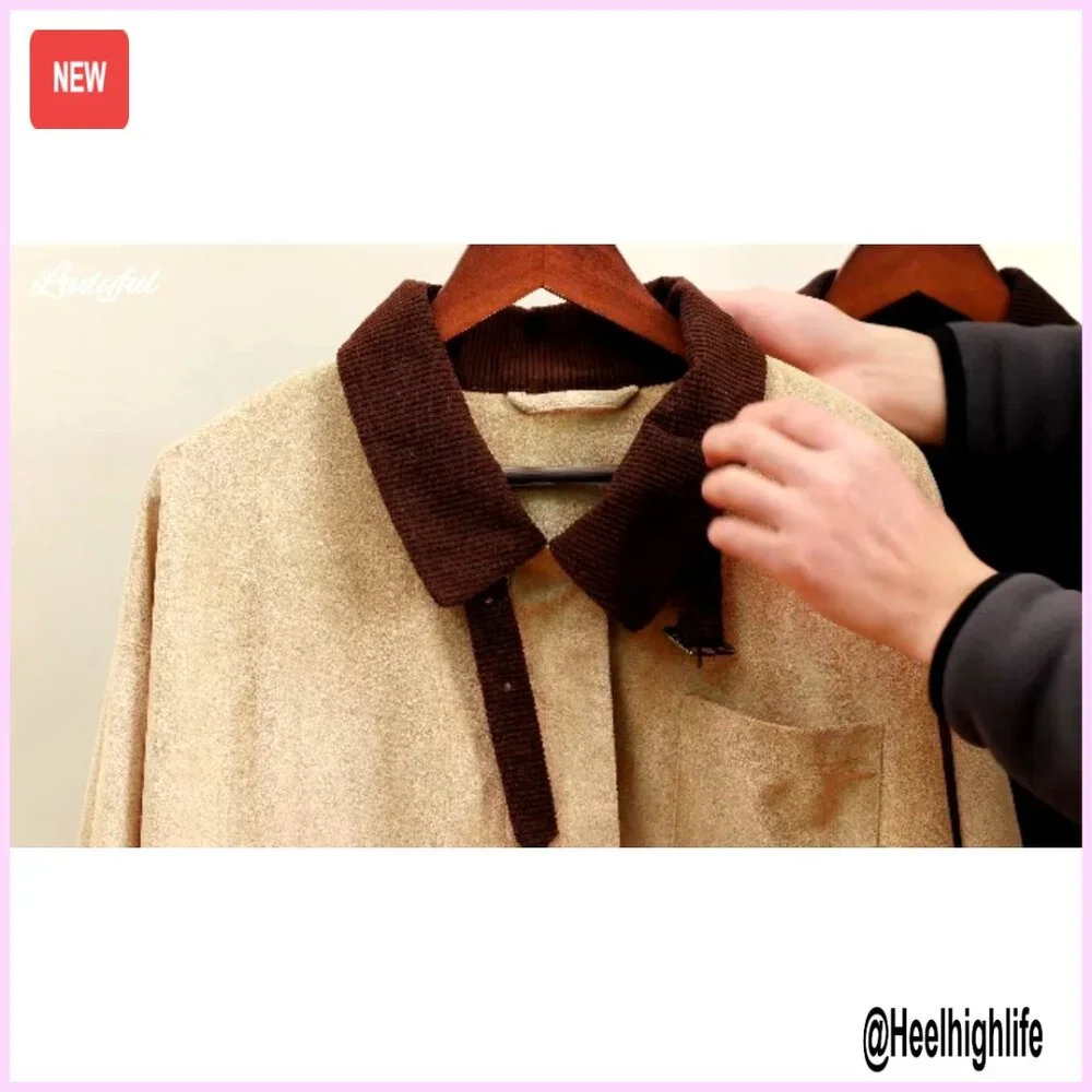 Oversized Faux Suede Bomber Jacket with Corduroy Collar, Utility Pockets - Picture 7 of 7